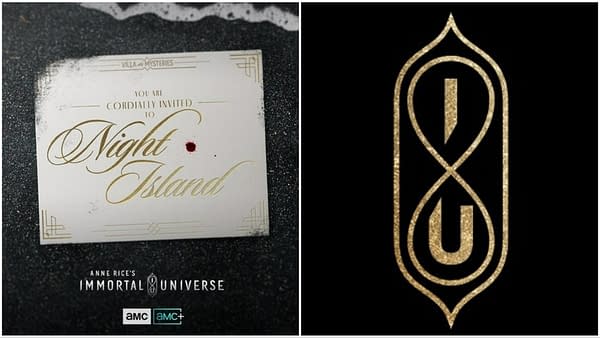 Two images: an ornate invitation card reading 'You Are Cordially Invited to Night Island' with the Anne Rice Immortal Universe AMC branding; and a close-up of the golden Anne Rice Immortal Universe logo, a stylized infinity symbol incorporating the letter U.